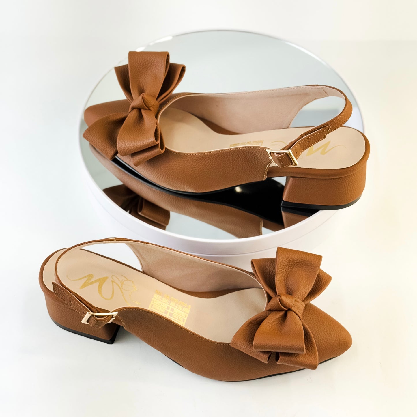 Tacones destalonados de tacón 3.5 cm color amaretto con moño decorativo para mujer - Milagros Moda