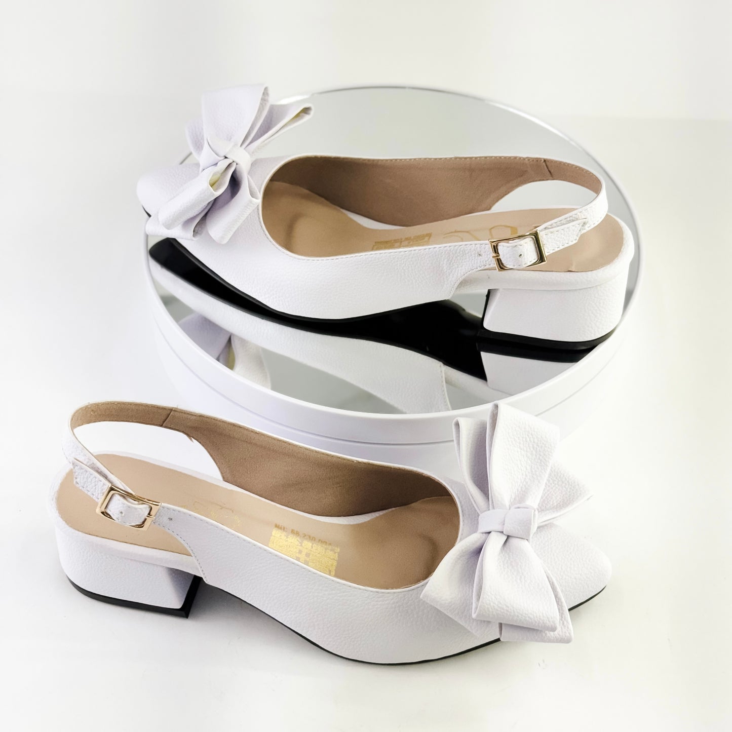 Tacones destalonados de tacón 3.5 cm color blanco con moño decorativo para mujer - Milagros Moda