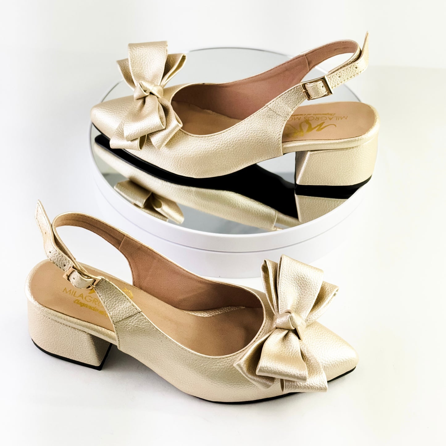 Tacones destalonados de tacón 3.5 cm color champagne con moño decorativo para mujer - Milagros Moda