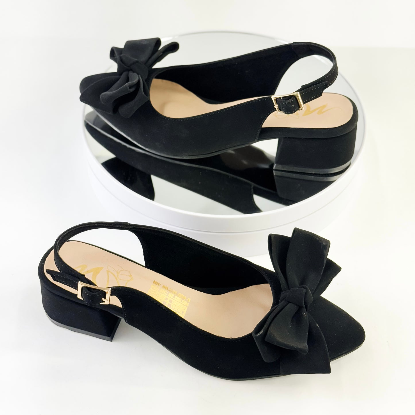 Tacones destalonados de tacón 3.5 cm color negro con moño decorativo para mujer - Milagros Moda