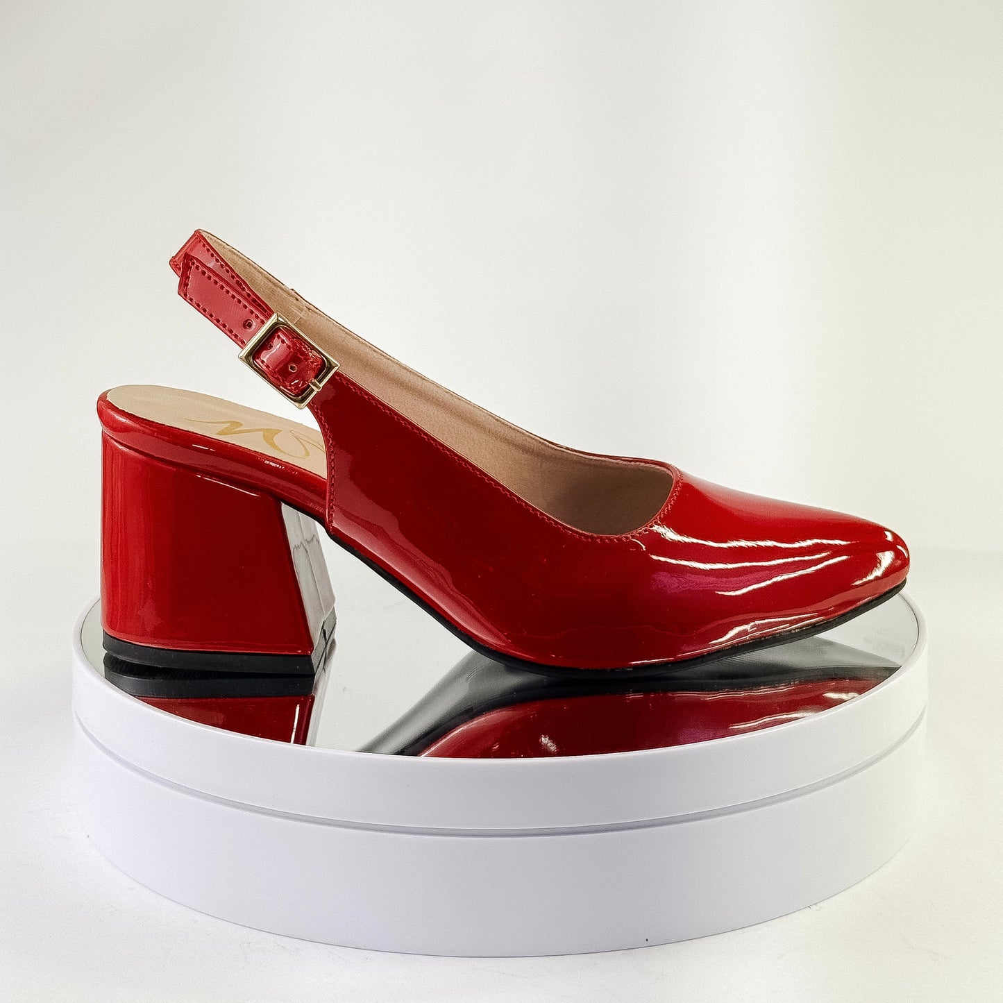 Zapatos de tacón grueso 5.5 cm color rojo destalonados con punta cerrada y correa para mujer - Milagros Moda