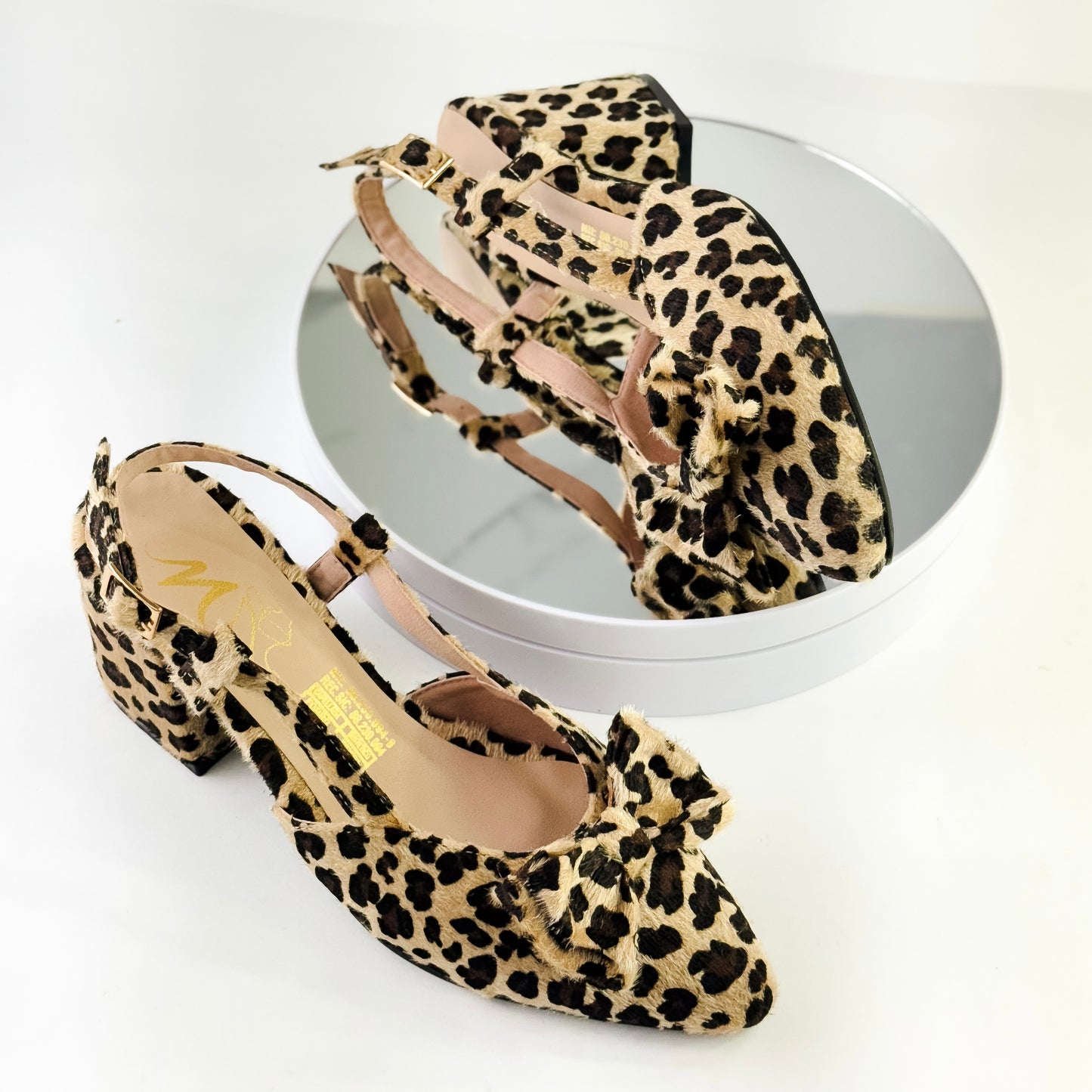 Sandalias de tacón grueso 5.5 cm animal print con moño para mujer - Milagros Moda
