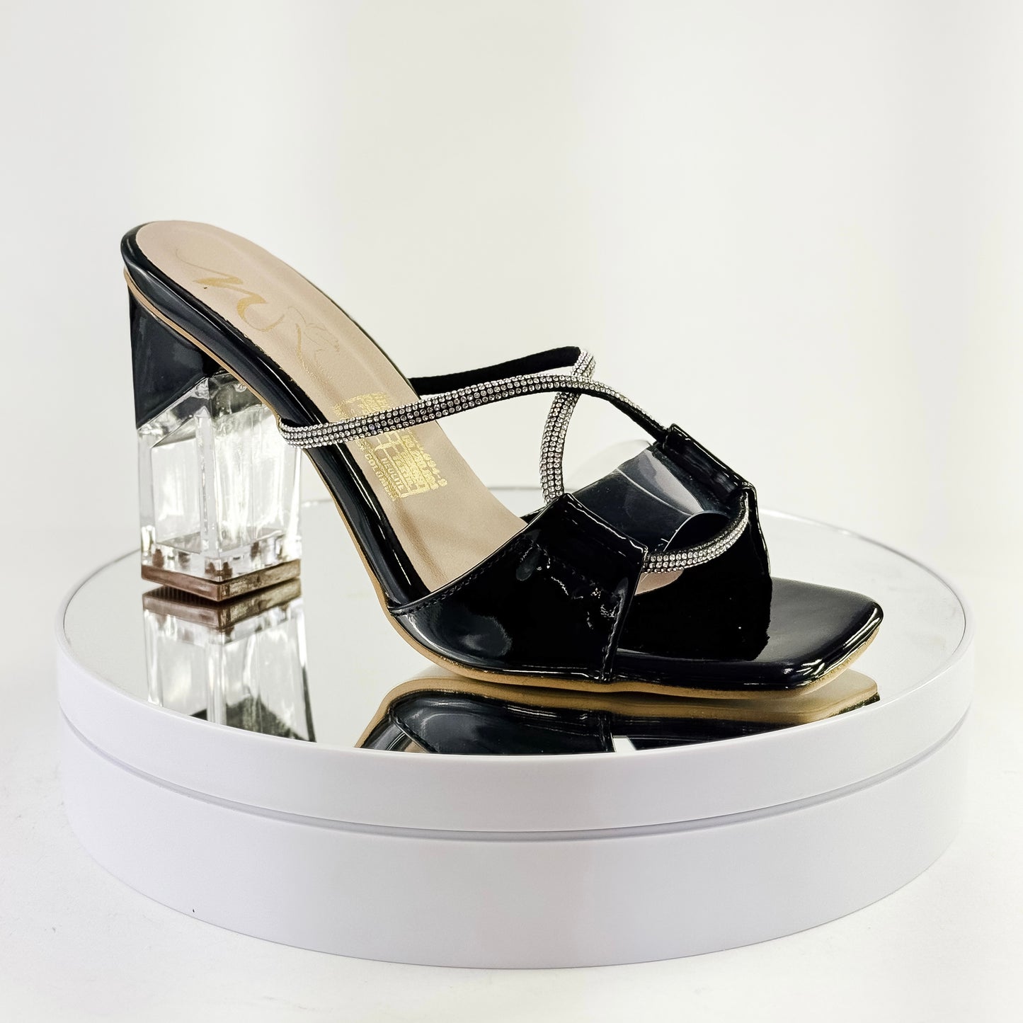 Sandalias de fiesta con tiras brillantes y tacón transparente color negro, tacón 7.5 cm para mujer - Milagros Moda
