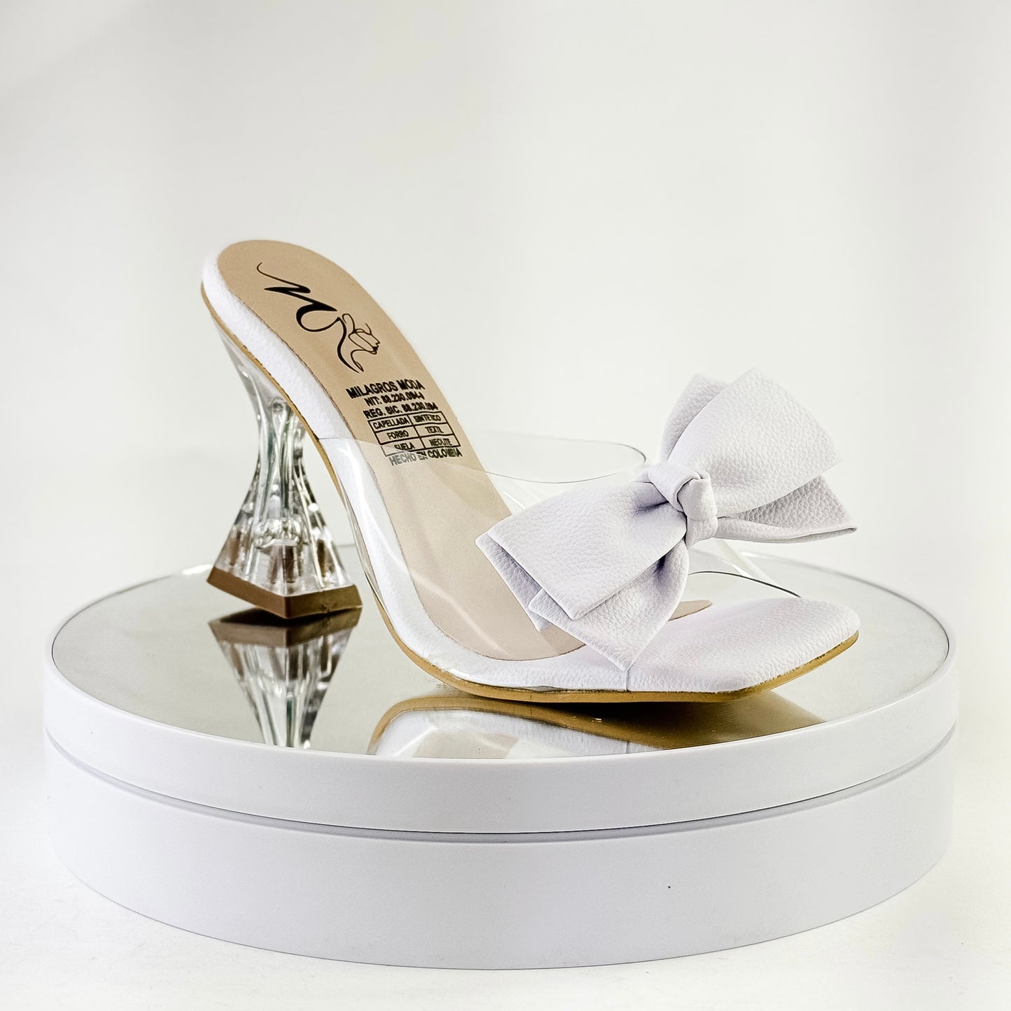 Sandalias de tacón copa con moño color blanco, tacón 7.5 cm para mujer - Milagros Moda