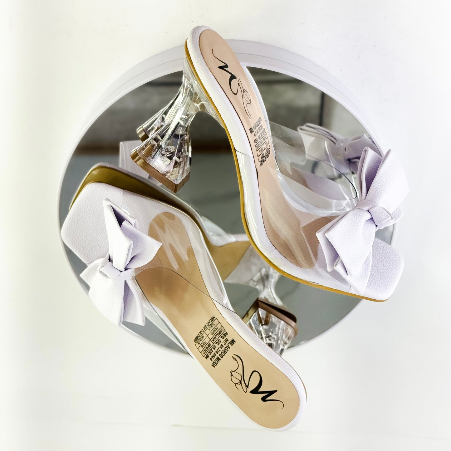 Sandalias de tacón copa con moño color blanco, tacón 7.5 cm para mujer - Milagros Moda