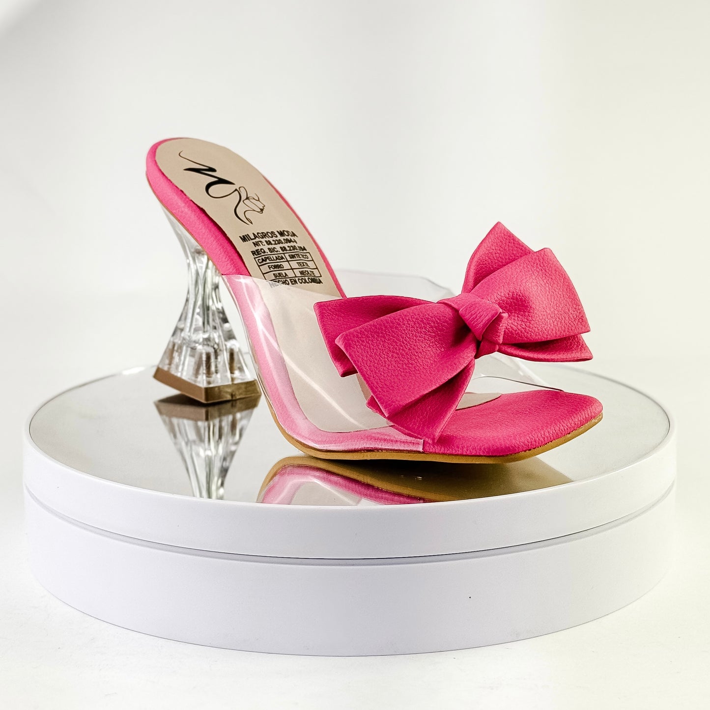 Sandalias de tacón copa con moño color fucsia, tacón 7.5 cm para mujer - Milagros Moda