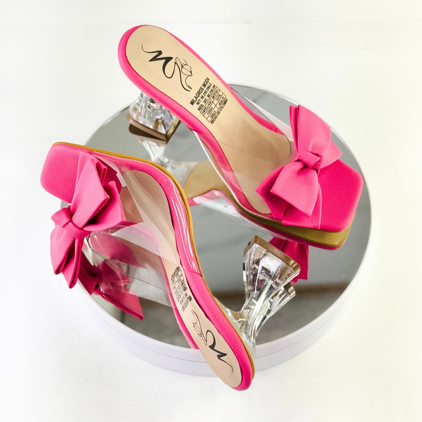Sandalias de tacón copa con moño color fucsia, tacón 7.5 cm para mujer - Milagros Moda