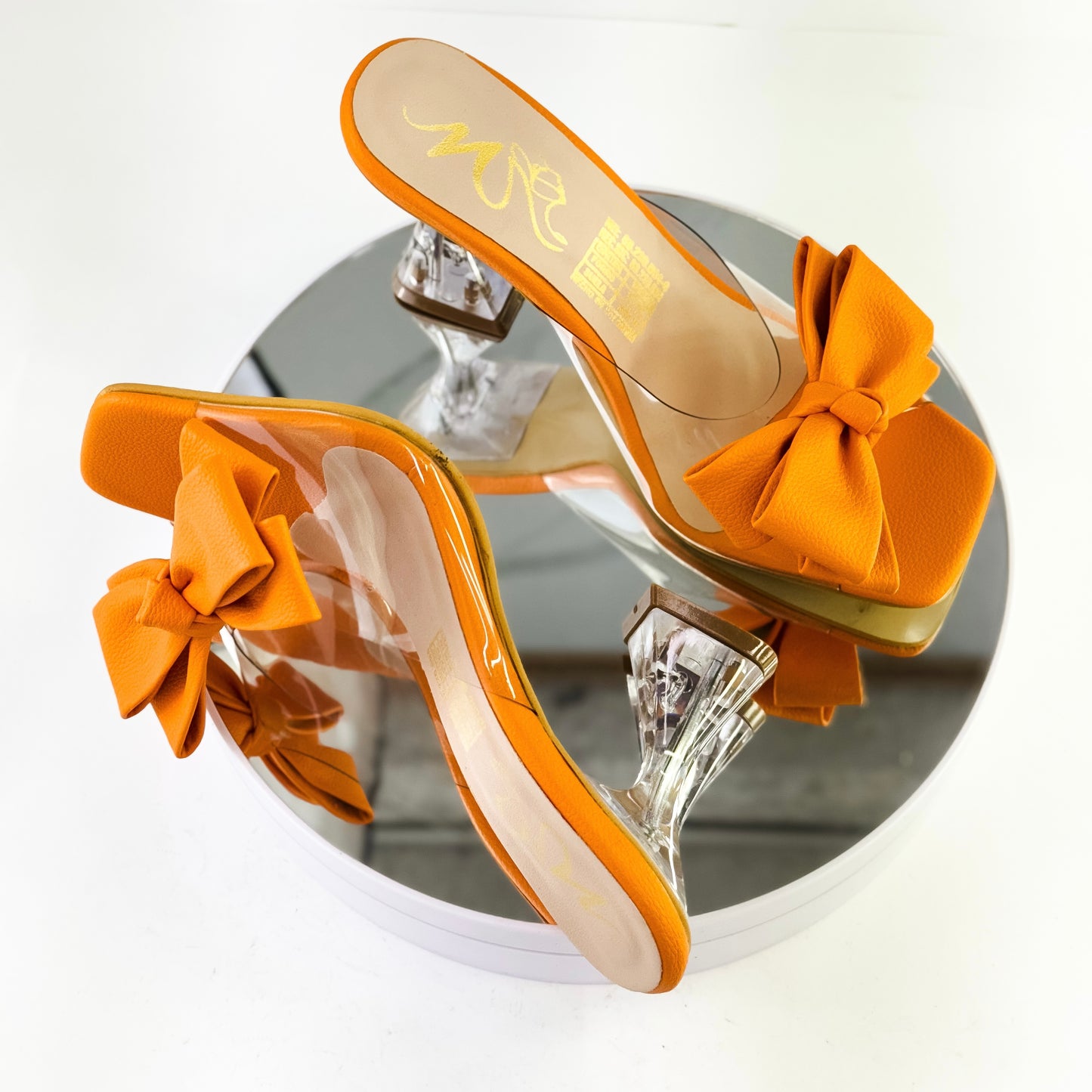 Sandalias de tacón copa con moño color naranja, tacón 7.5 cm para mujer - Milagros Moda