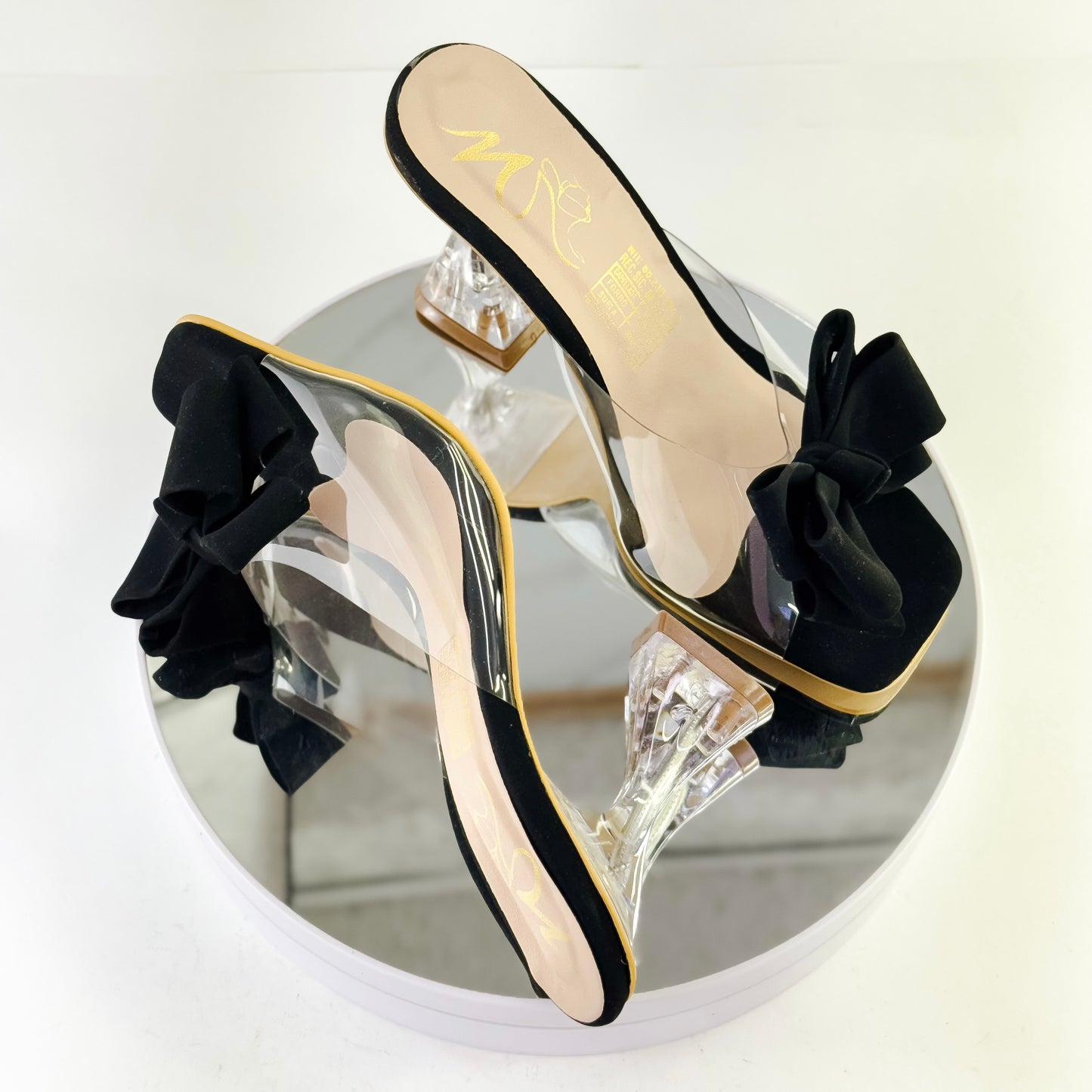Sandalias de tacón copa con moño color negro, tacón 7.5 cm para mujer - Milagros Moda
