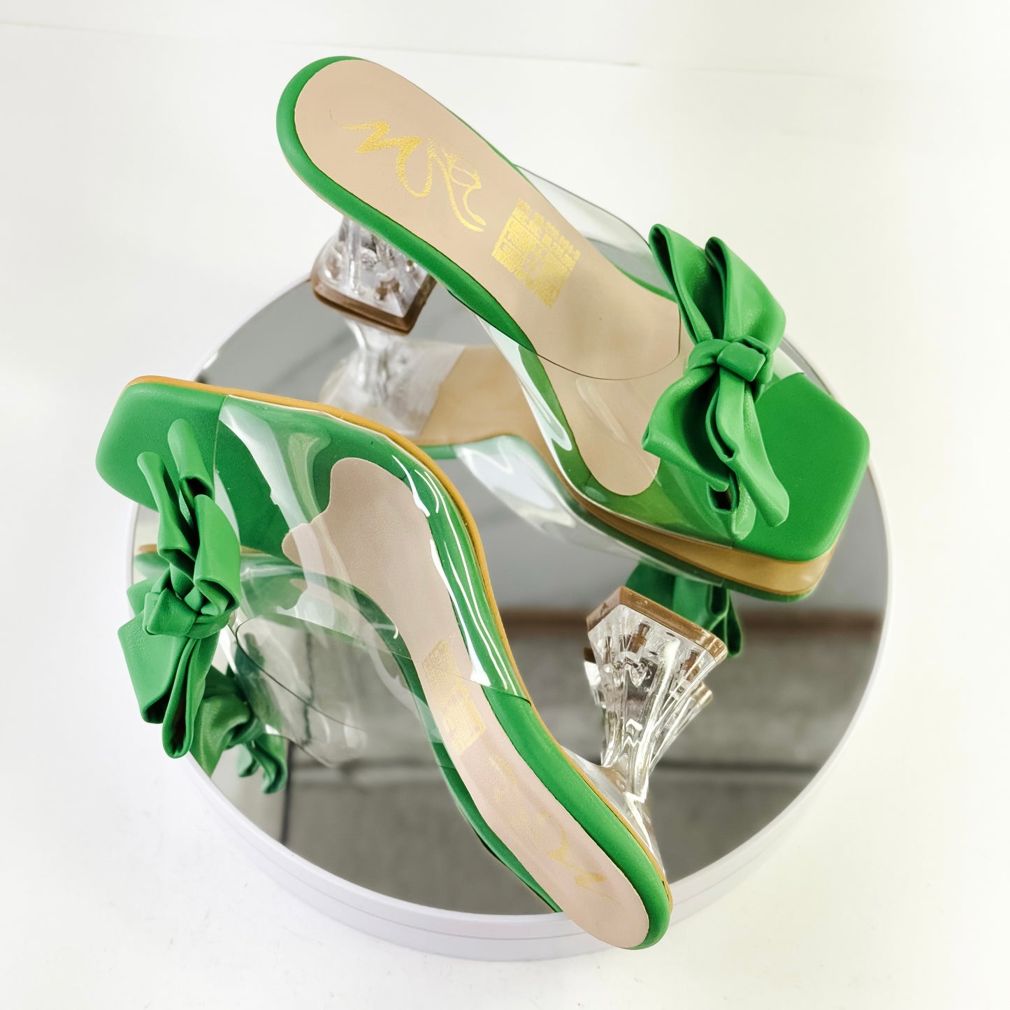 Sandalias de tacón copa con moño color verde, tacón 7.5 cm para mujer - Milagros Moda
