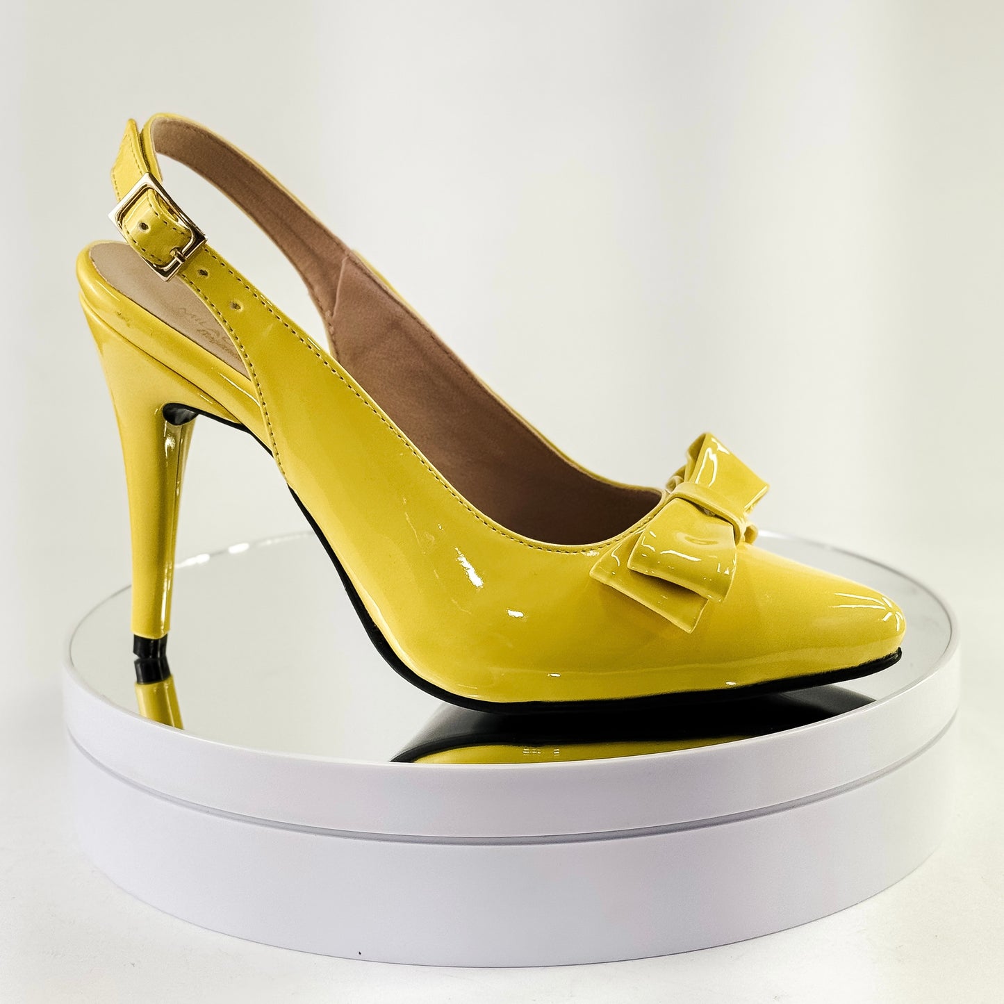 Tacones destalonados con moño color amarillo, tacón 7.5 cm para mujer - Milagros Moda