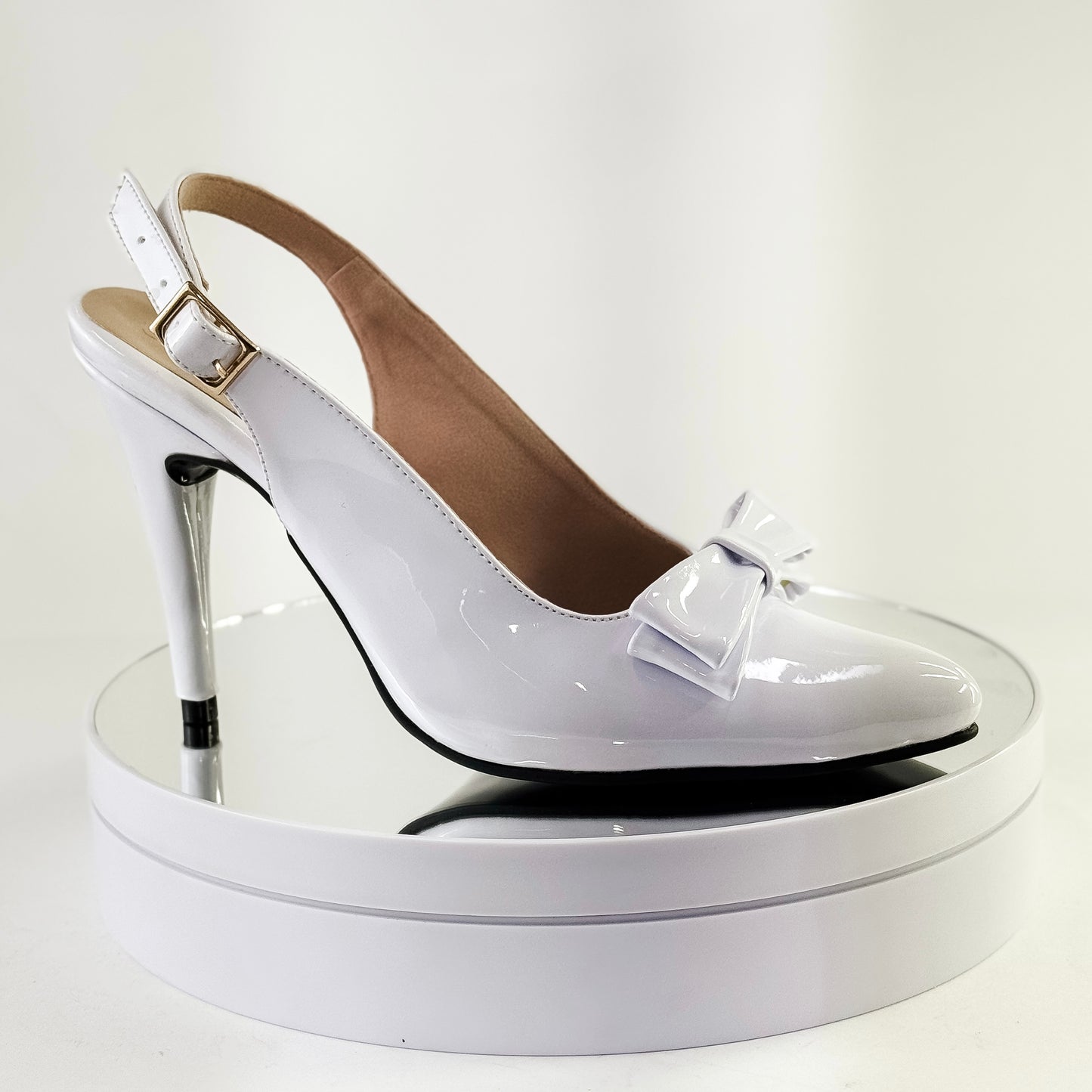 Tacones destalonados con moño color blanco, tacón 7.5 cm para mujer - Milagros Moda