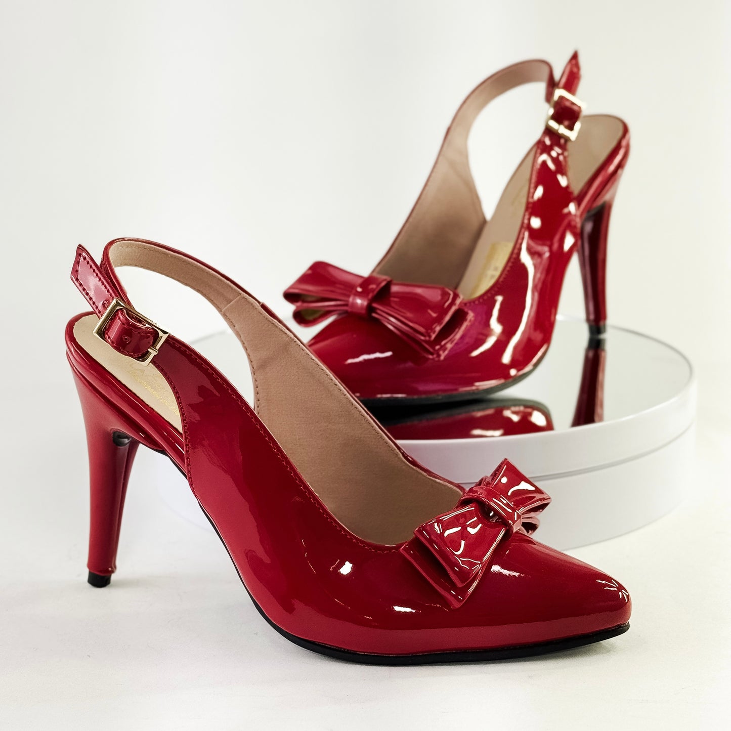 Tacones destalonados con moño color rojo, tacón 7.5 cm para mujer - Milagros Moda