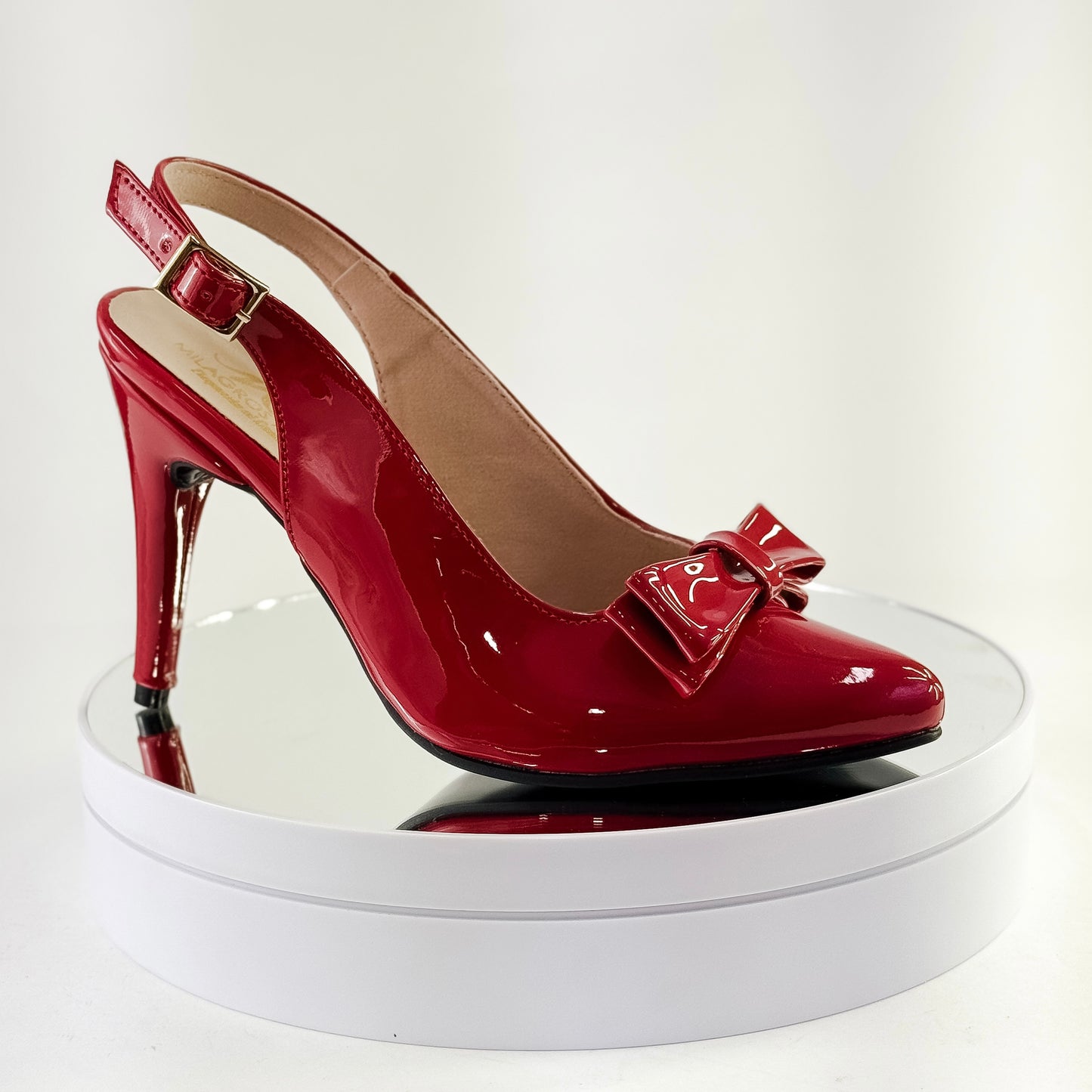 Tacones destalonados con moño color rojo, tacón 7.5 cm para mujer - Milagros Moda
