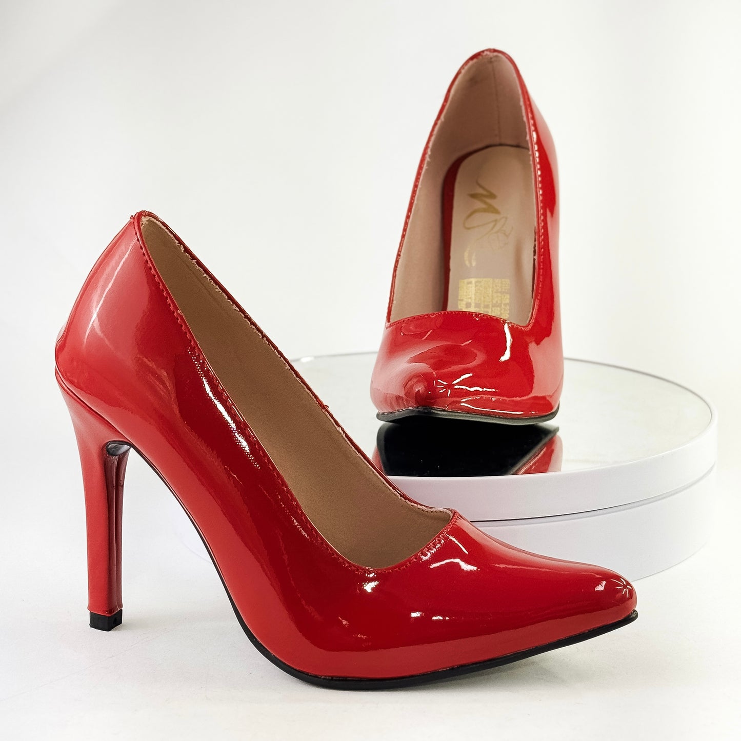 Tacones clásicos punta fina color rojo, tacón 9.5 cm para mujer - Milagros Moda