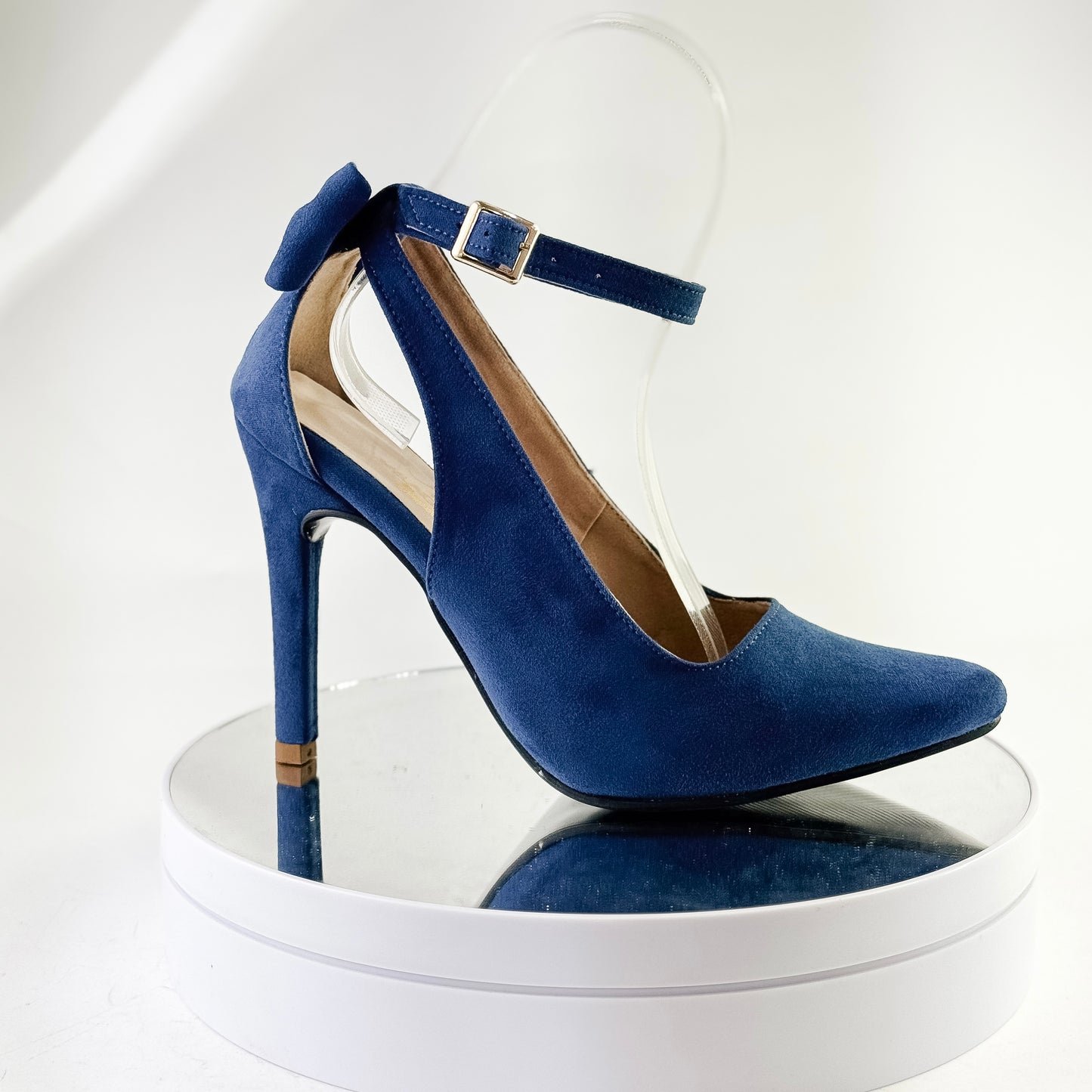 Tacones elegantes con correa y lazo color azul, tacón 9.5 cm para mujer - Milagros Moda