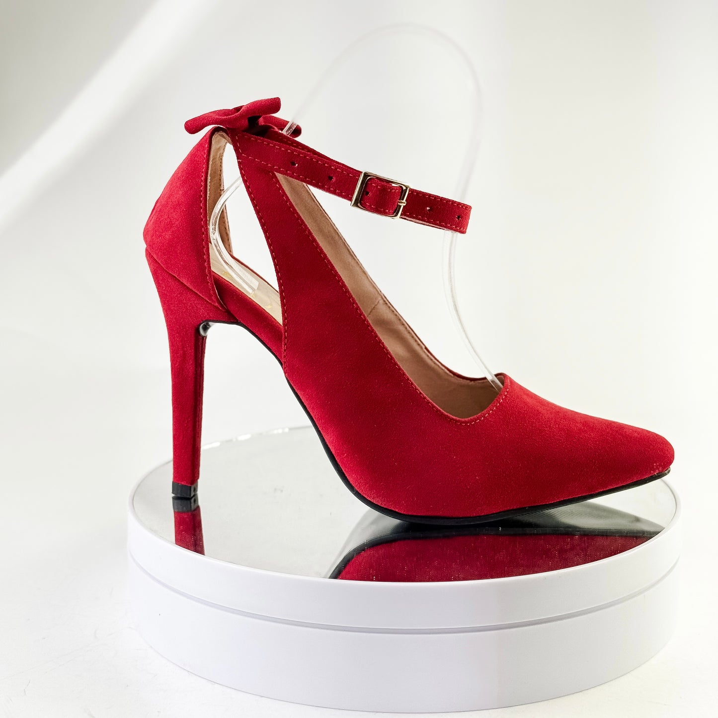 Tacones elegantes con correa y lazo color rojo, tacón 9.5 cm para mujer - Milagros Moda