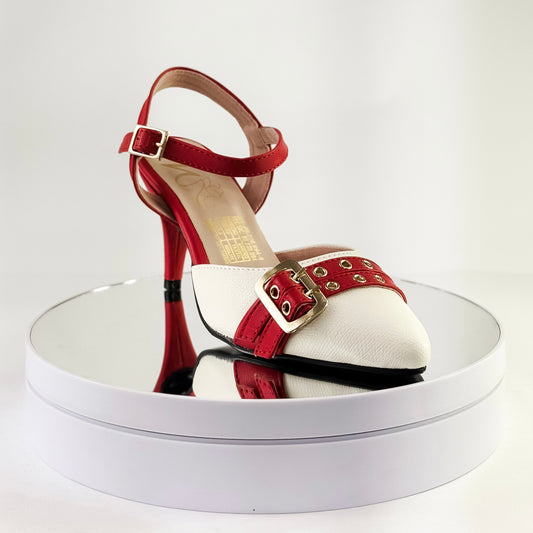 Tacones de punta cerrada con correa y hebilla - Tacón delgado 5.5 cm color rojo para mujer - Milagros Moda