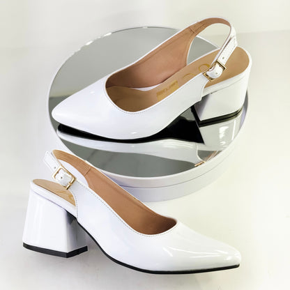 Zapatos de tacón grueso 5.5 cm color blanco destalonados con punta cerrada y correa para mujer - Milagros Moda