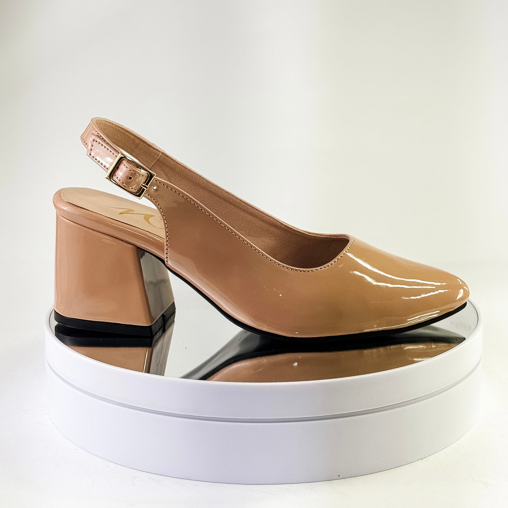 Zapatos de tacón grueso 5.5 cm color nude destalonados con punta cerrada y correa para mujer - Milagros Moda