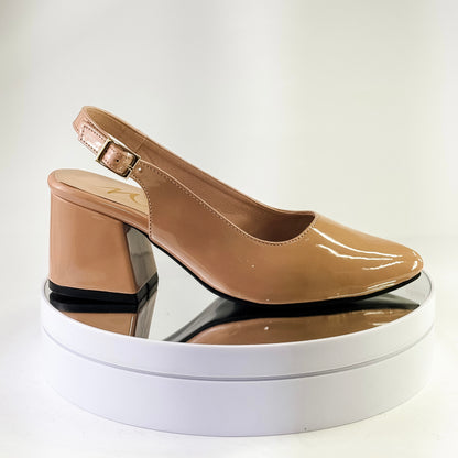 Zapatos de tacón grueso 5.5 cm color nude destalonados con punta cerrada y correa para mujer - Milagros Moda