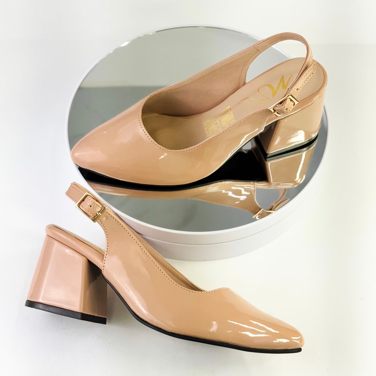 Zapatos de tacón grueso 5.5 cm color nude destalonados con punta cerrada y correa para mujer - Milagros Moda
