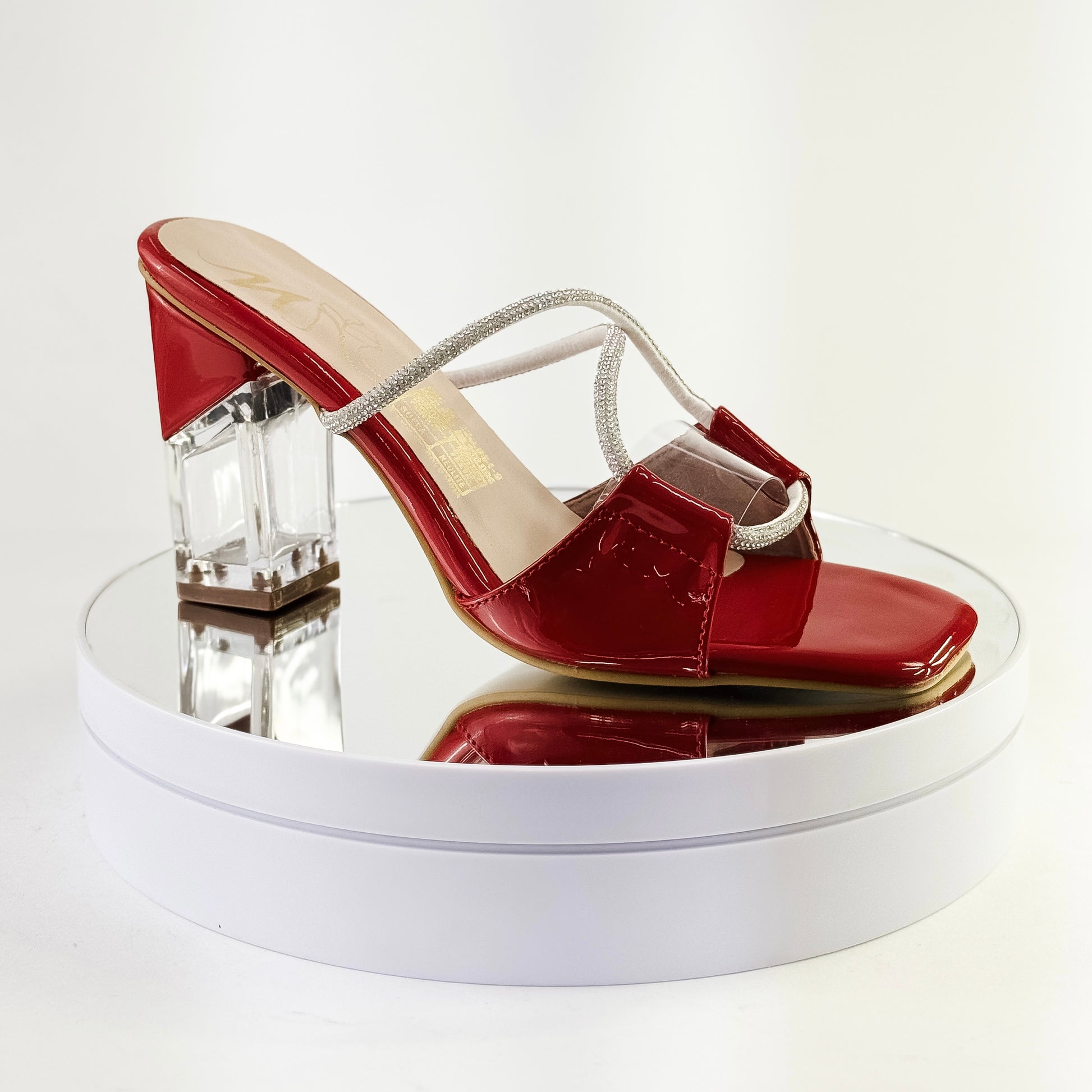 Sandalias de fiesta con tiras brillantes y tacón transparente color rojo, tacón 7.5 cm para mujer - Milagros Moda