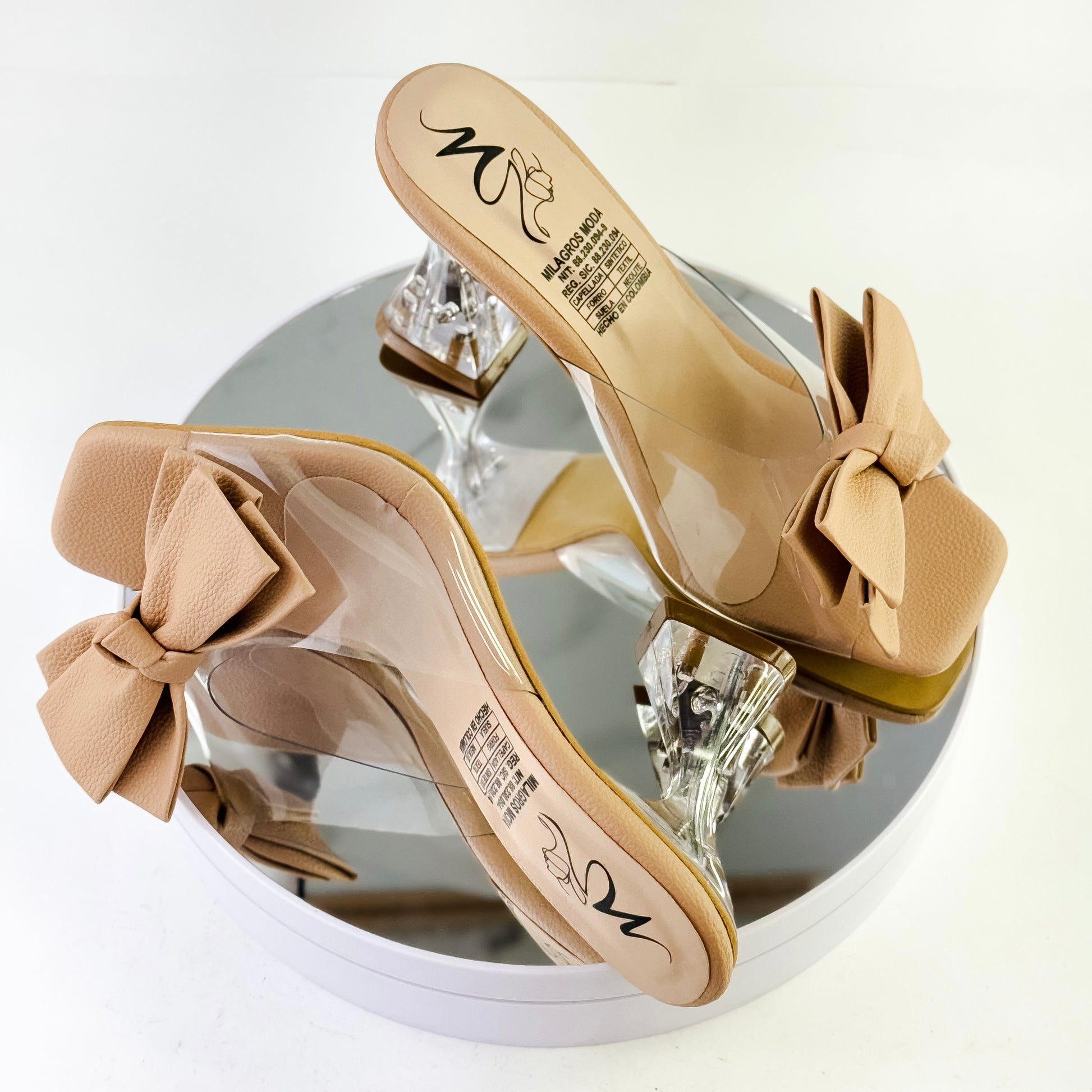 Sandalias de tacón copa con moño color nude, tacón 7.5 cm para mujer - Milagros Moda