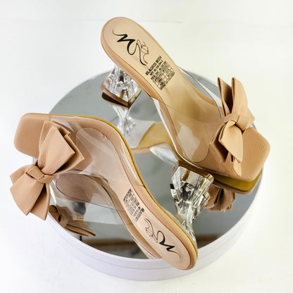 Sandalias de tacón copa con moño color nude, tacón 7.5 cm para mujer - Milagros Moda