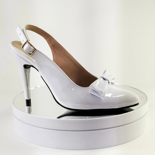 Tacones destalonados con moño color blanco, tacón 7.5 cm para mujer - Milagros Moda