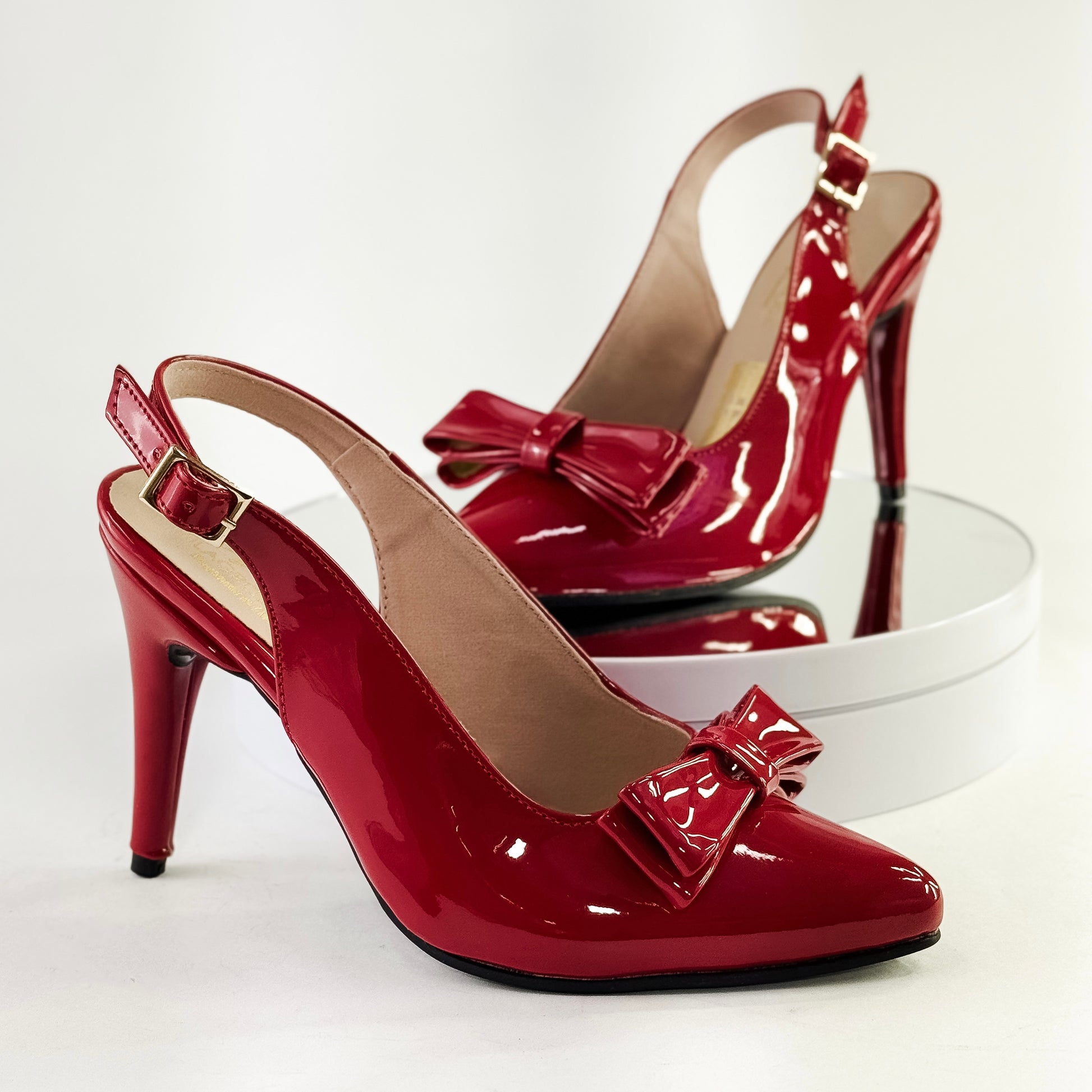 Tacones destalonados con moño color rojo, tacón 7.5 cm para mujer - Milagros Moda
