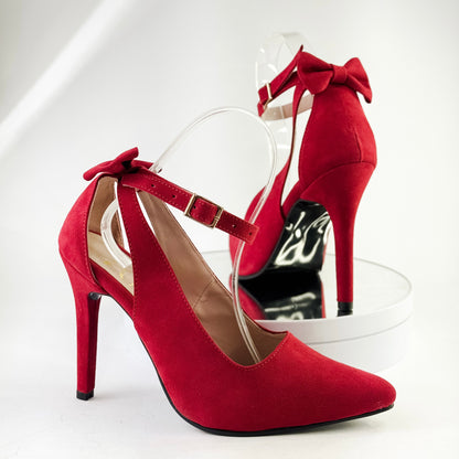Tacones elegantes con correa y lazo color rojo, tacón 9.5 cm para mujer - Milagros Moda