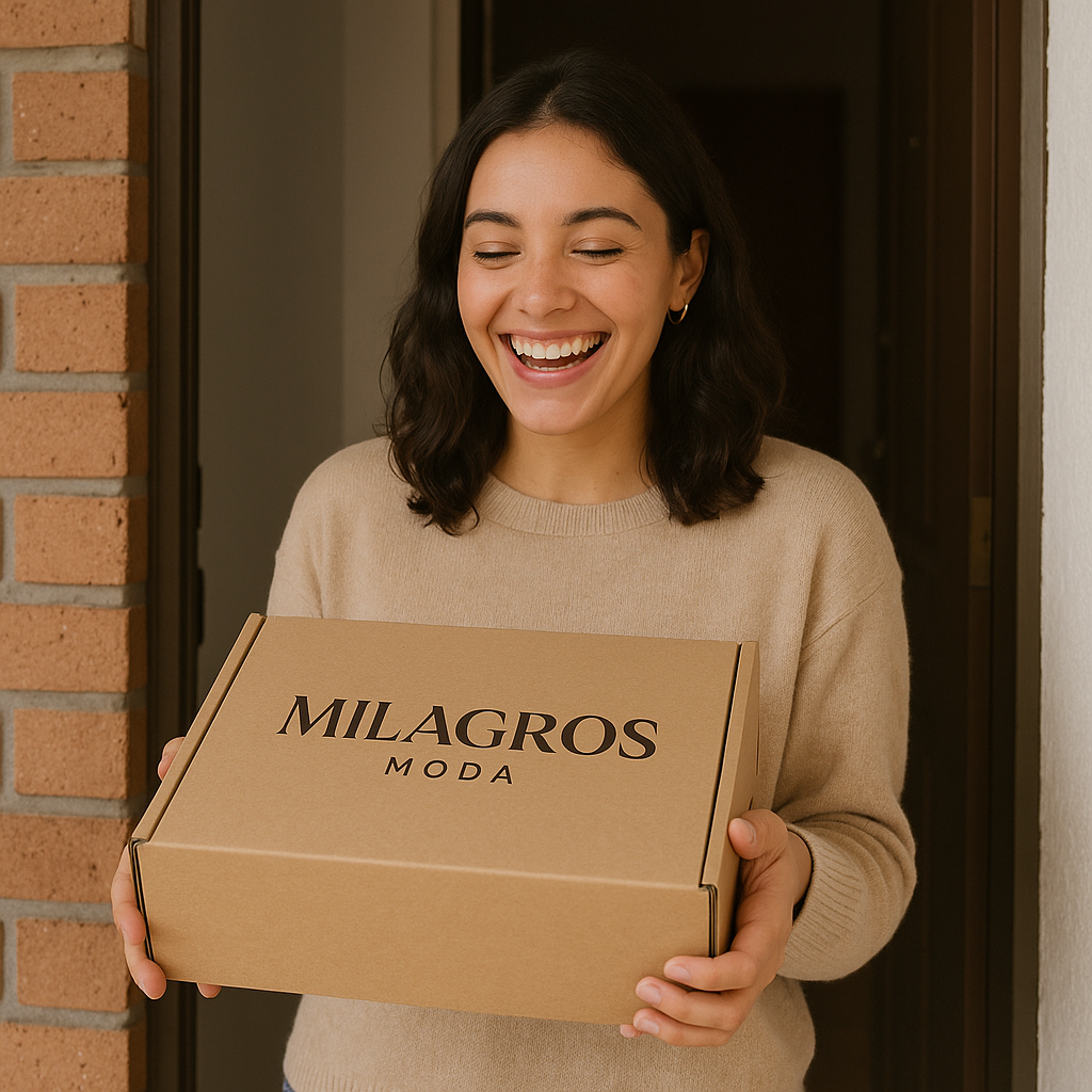 Mujer feliz recibiendo su pedido de Milagros Moda en casa, mostrando una caja de la marca con una gran sonrisa.