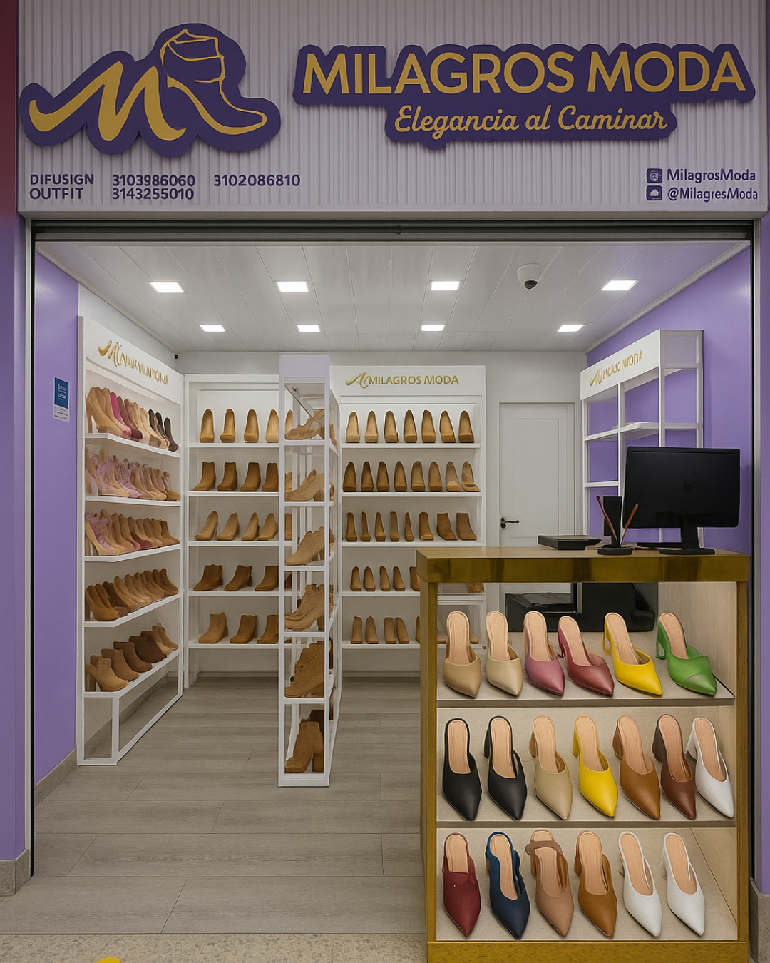 Fachada y vitrina del local Milagros Moda en Cúcuta. Diseño elegante y moderno, exhibiendo calzado femenino de moda.