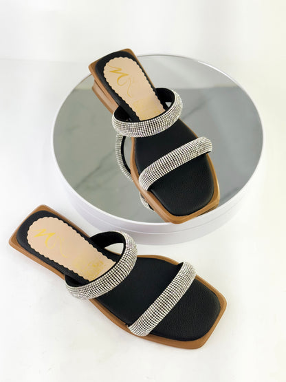 Sandalias planas con tiras de pedrería brillantes Ref. PL20 negro